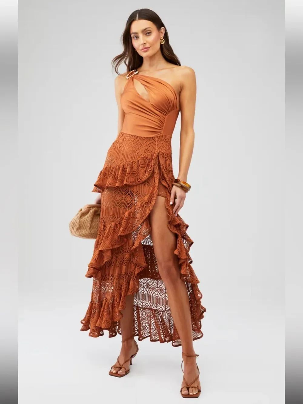 NWT Patbo Women's One Shoulder Beach Swim Lace Maxi Dress in Brown Size Small